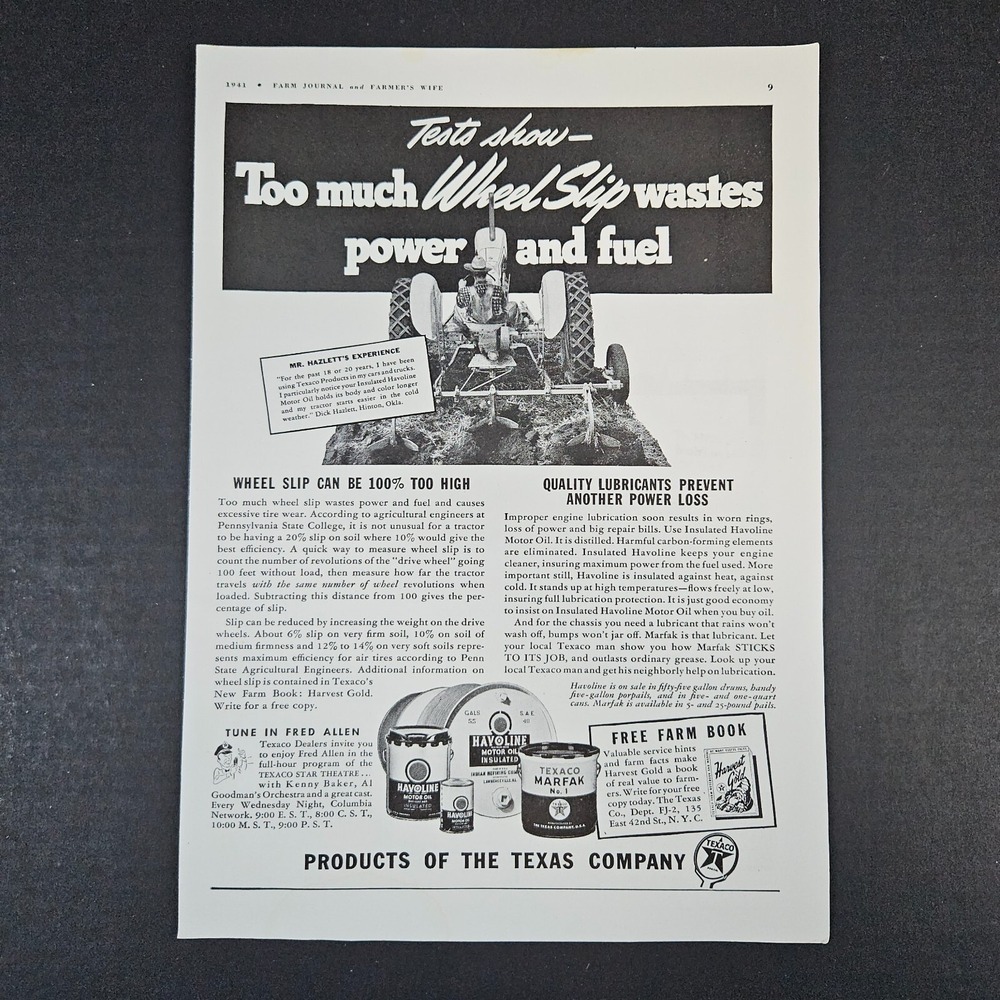 1941 Texas Company Texaco Havoline Motor Oil Marfak Vintage Print Ad‎ Tractor